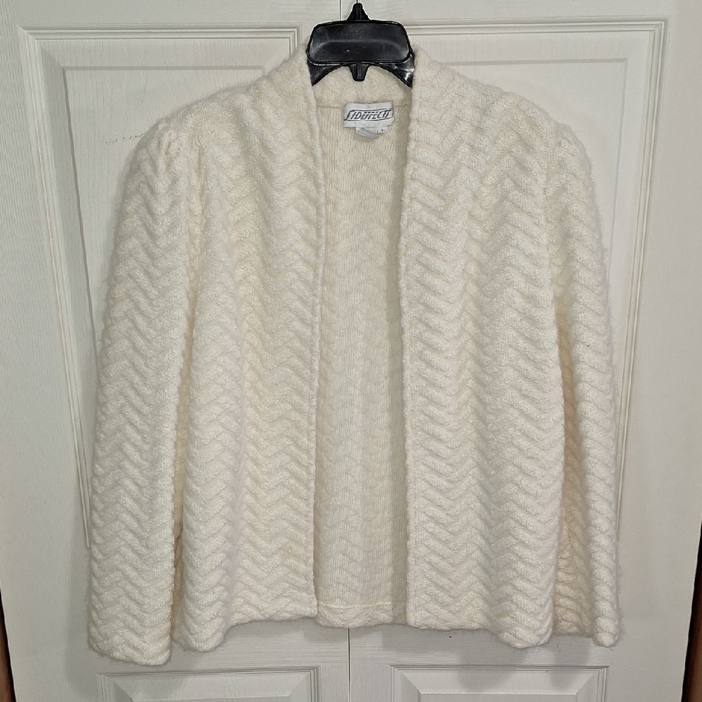 Vintage Sideffects Wool/Angora Herringbone Textured Open-Front Cardigan-L-Ivory